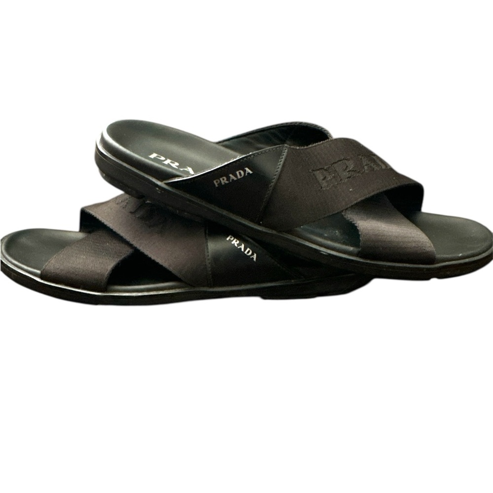 Prada Brushed Leather and Re-Nylon Tape Crisscross Slides - Picture 1 of 5